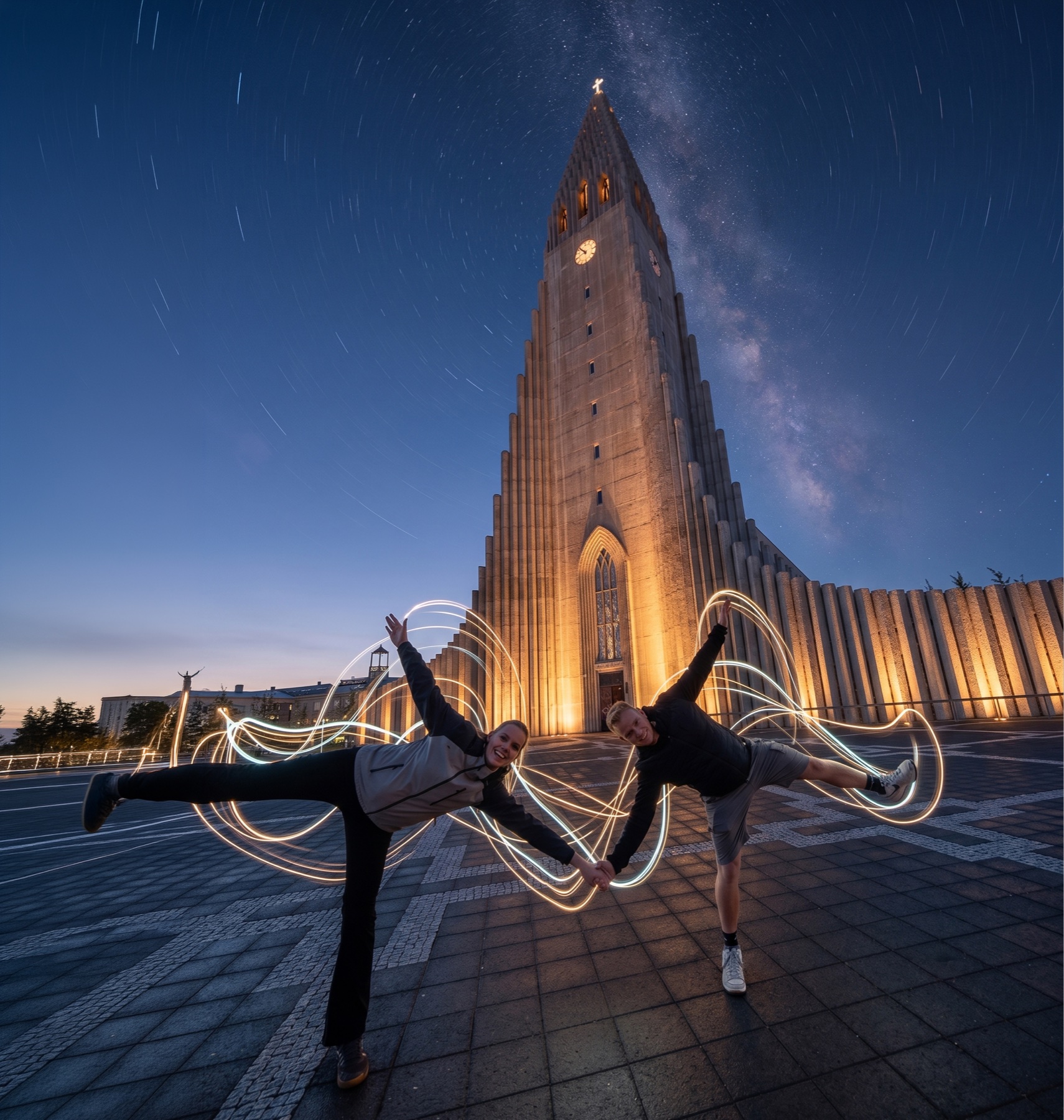 Hallgrímskirkja beneath star trails during a Reykjavík light-painting photo session
